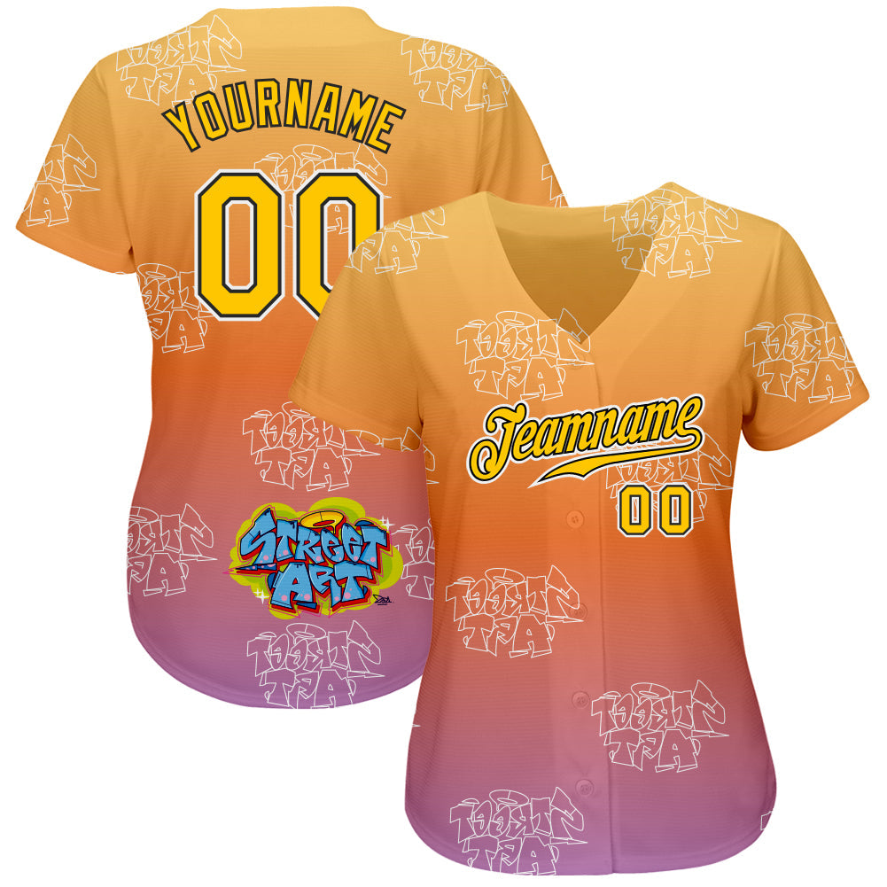 Custom Graffiti Pattern Gold-Black 3D Authentic Baseball Jersey view 2