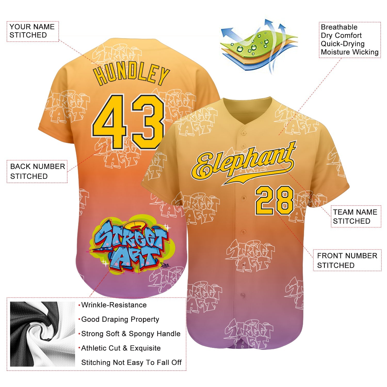 Custom Graffiti Pattern Gold-Black 3D Authentic Baseball Jersey view 3