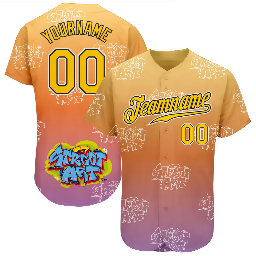 Custom Graffiti Pattern Gold-Black 3D Authentic Baseball Jersey - Main View
