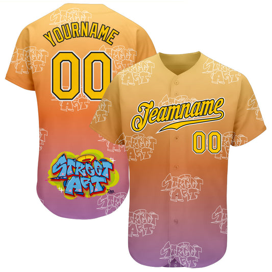 Custom Graffiti Pattern Gold-Black 3D Authentic Baseball Jersey - Main View