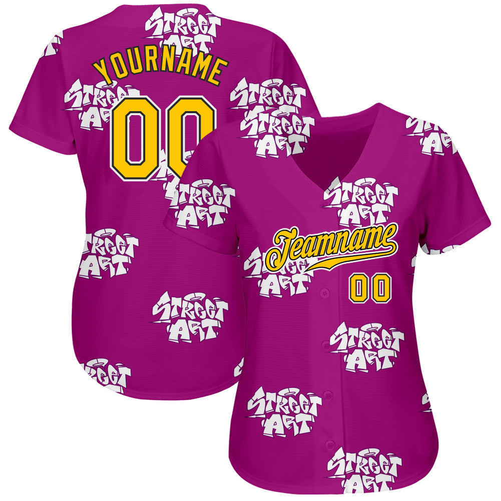 Custom Graffiti Pattern Gold-Black 3D Authentic Baseball Jersey view 2