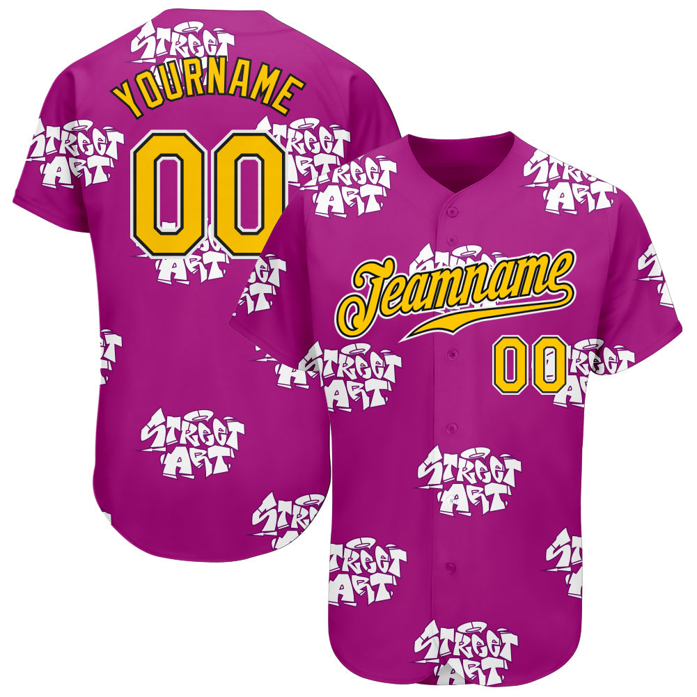 Custom Graffiti Pattern Gold-Black 3D Authentic Baseball Jersey - Main View