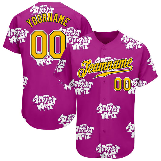 Custom Graffiti Pattern Gold-Black 3D Authentic Baseball Jersey - Main View