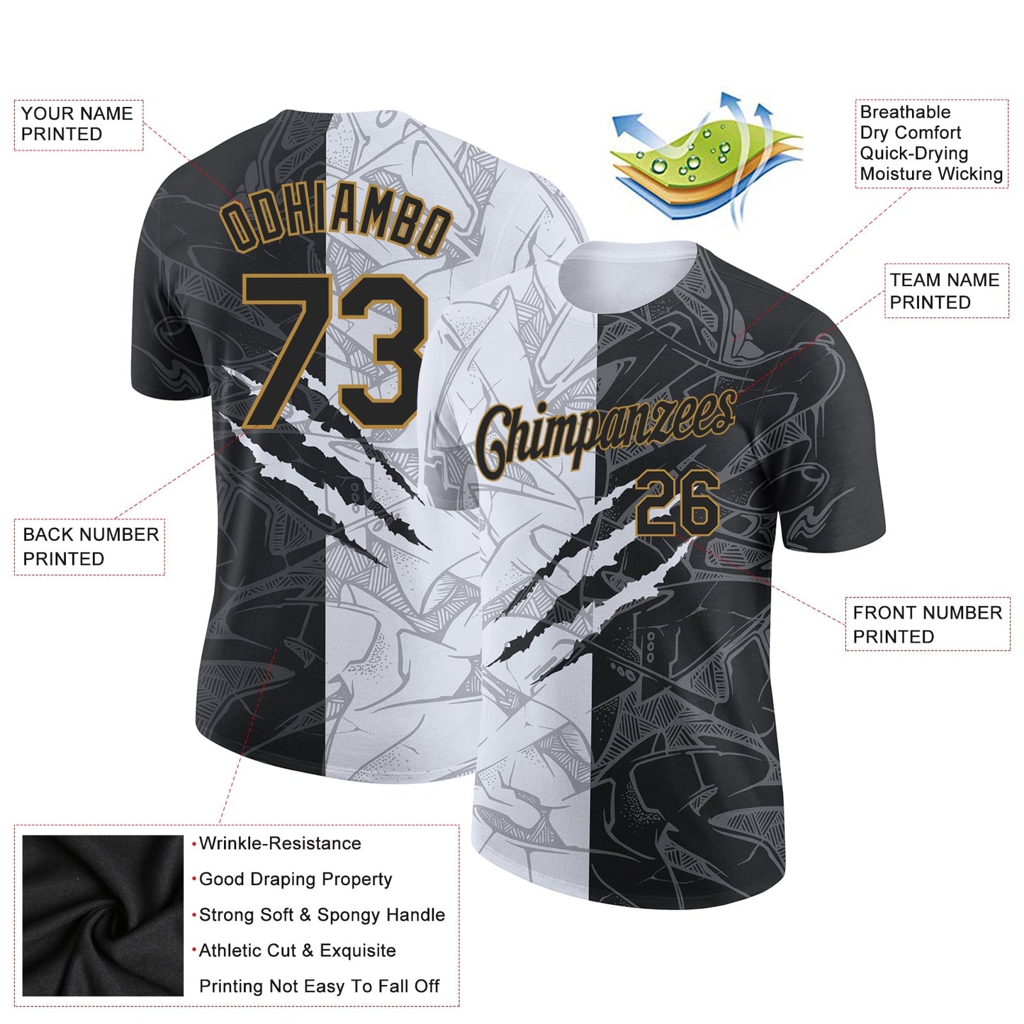 Custom Graffiti Pattern Black-Old Gold Scratch 3D Performance T-Shirt view 2