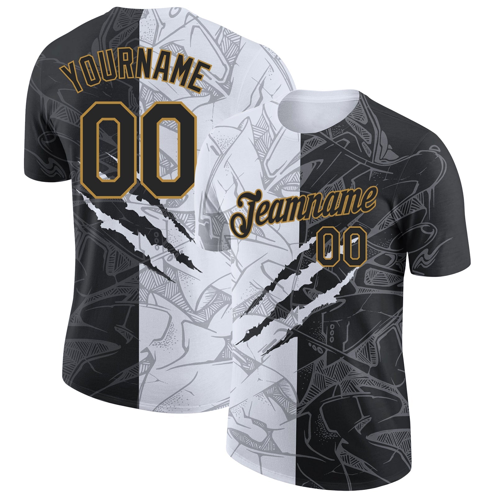Custom Graffiti Pattern Black-Old Gold Scratch 3D Performance T-Shirt - Main View