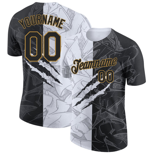 Custom Graffiti Pattern Black-Old Gold Scratch 3D Performance T-Shirt - Main View