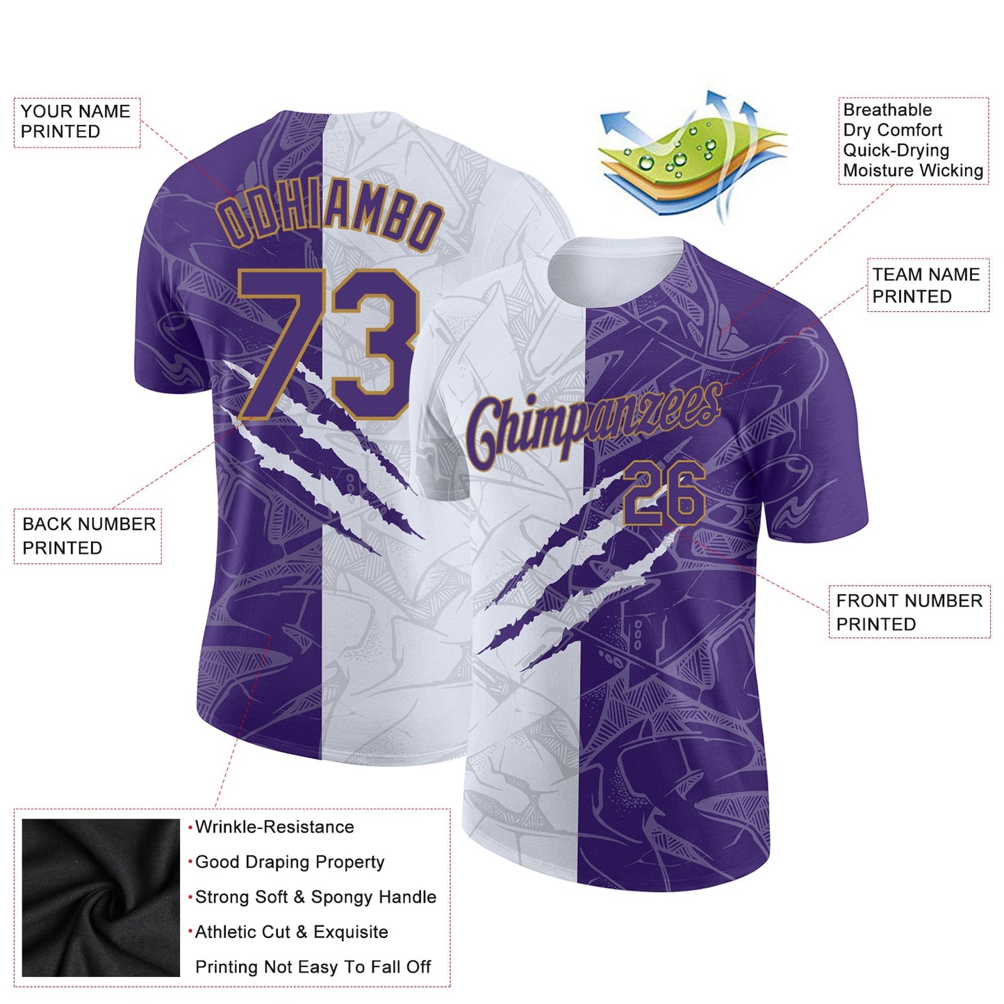 Custom Graffiti Pattern Purple-Old Gold 3D Performance T-Shirt view 2