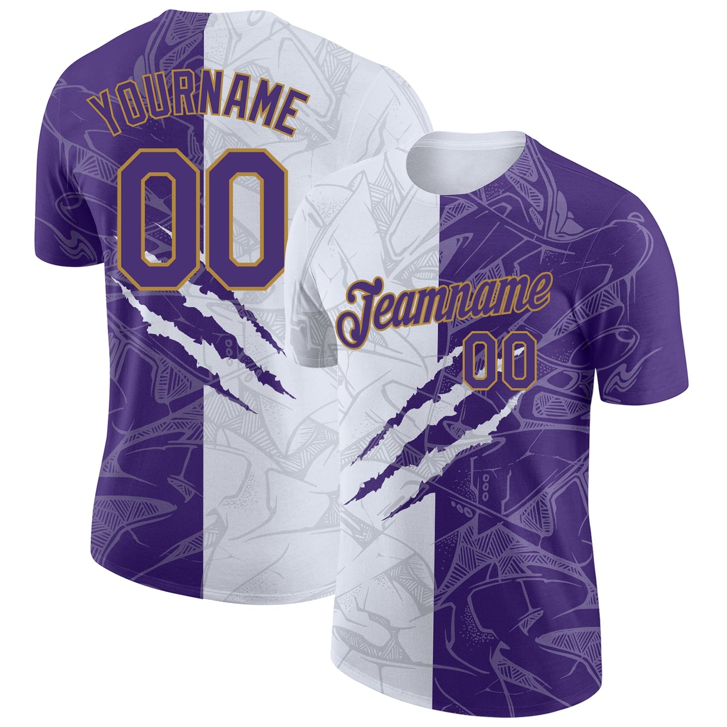 Custom Graffiti Pattern Purple-Old Gold 3D Performance T-Shirt - Main View