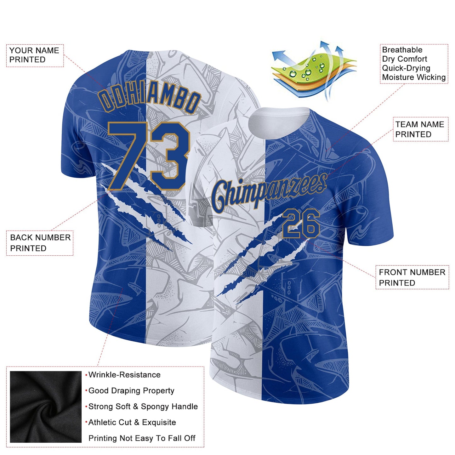 Custom Graffiti Pattern Royal-Old Gold Scratch 3D Performance T-Shirt view 2