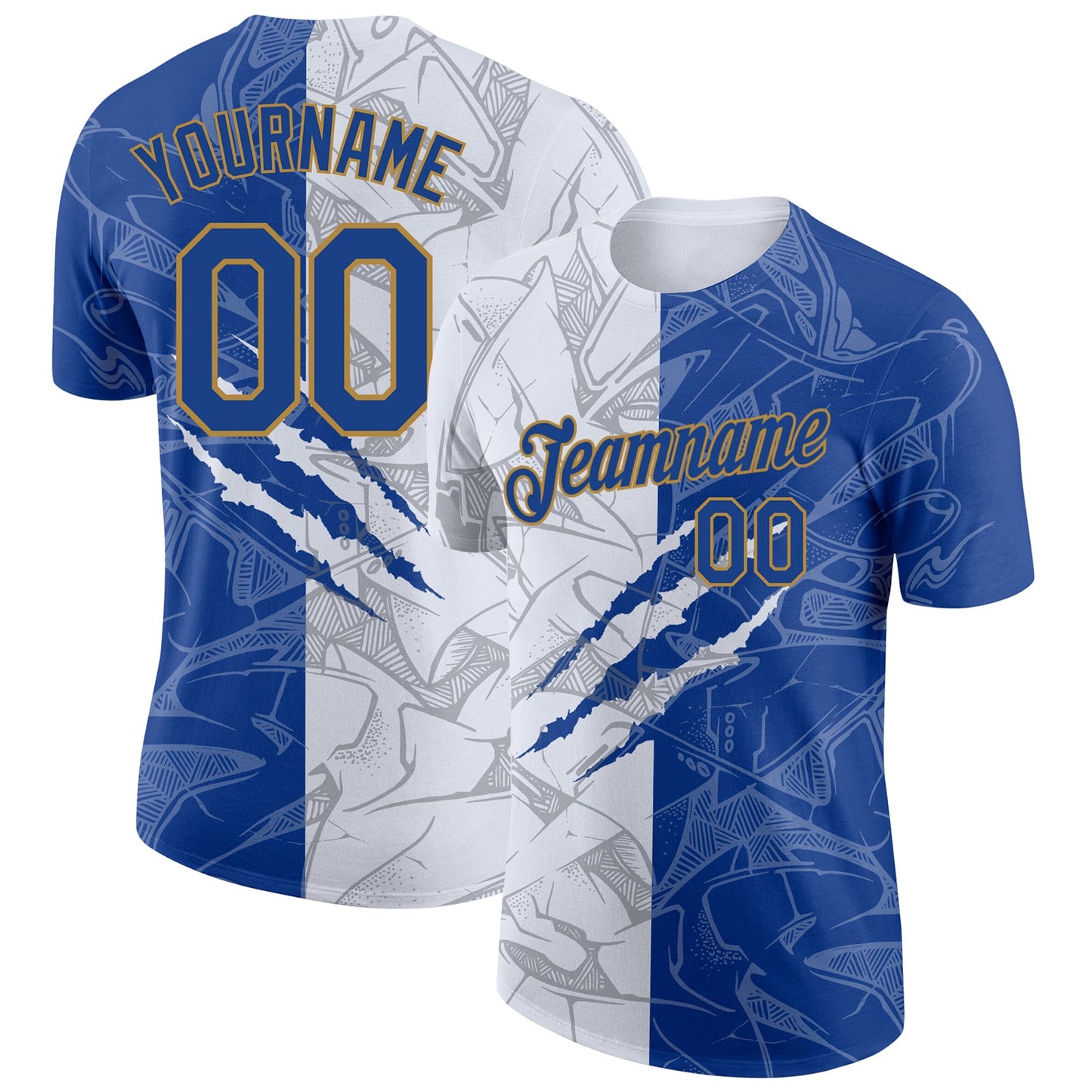 Custom Graffiti Pattern Royal-Old Gold Scratch 3D Performance T-Shirt - Main View