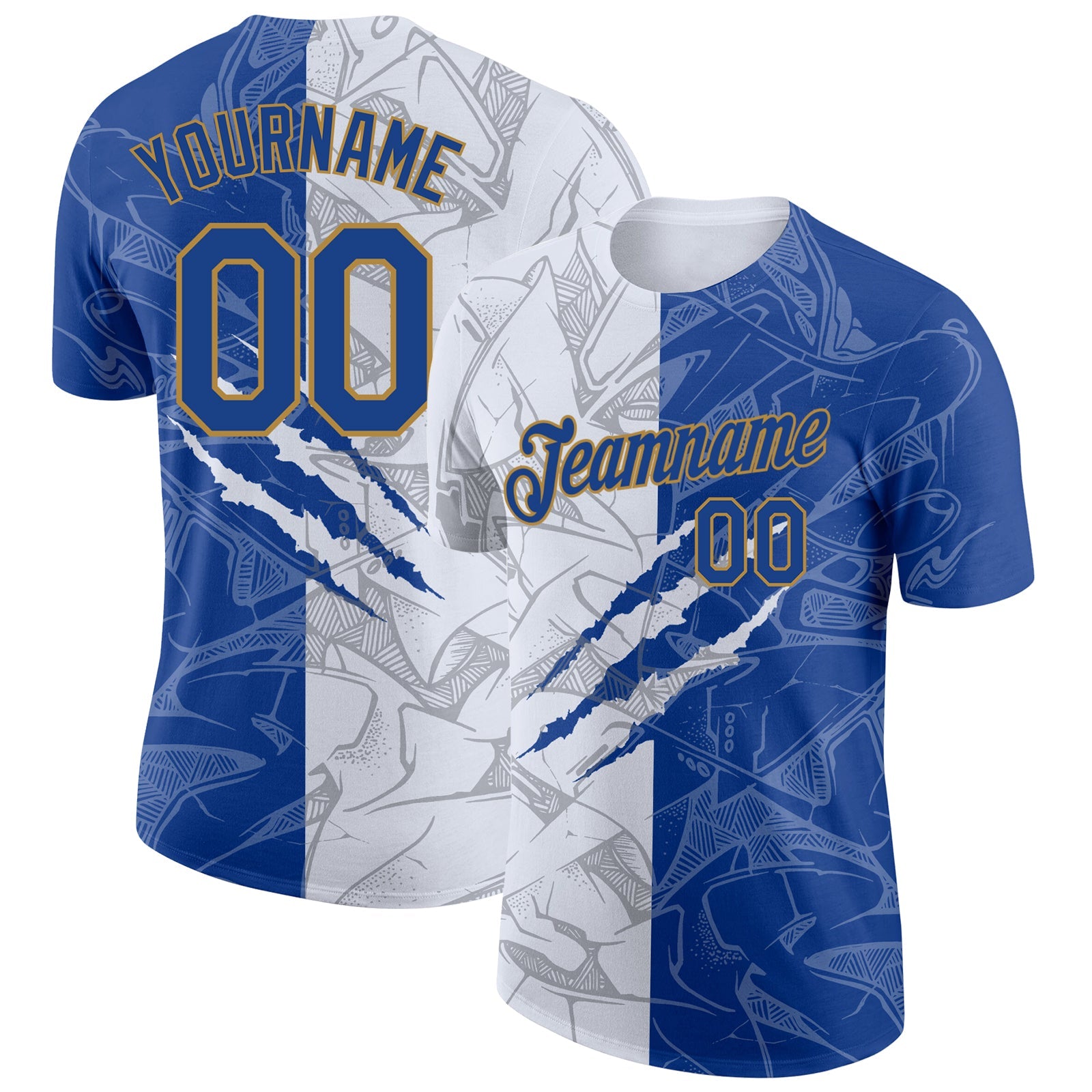 Custom Graffiti Pattern Royal-Old Gold Scratch 3D Performance T-Shirt - Main View