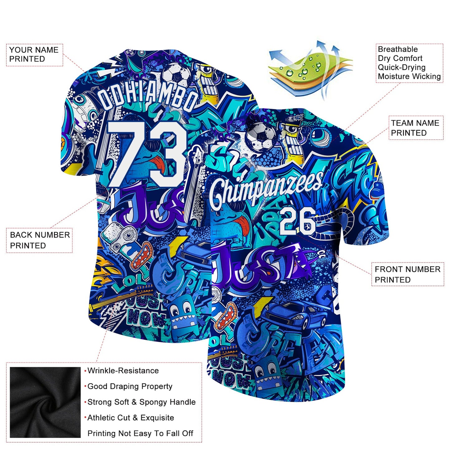 Custom Graffiti Pattern White-Royal 3D Performance T-Shirt view 2