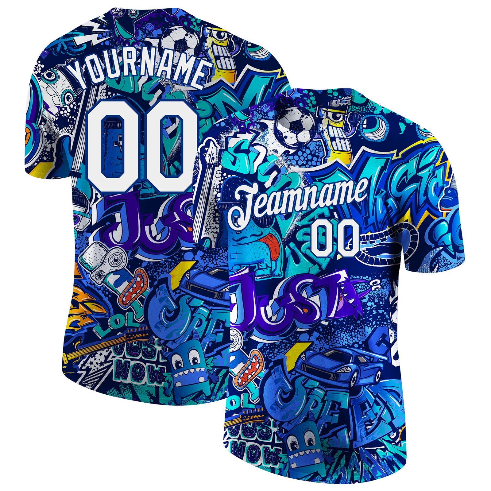 Custom Graffiti Pattern White-Royal 3D Performance T-Shirt - Main View