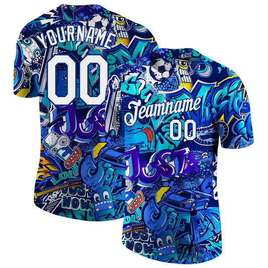 Custom Graffiti Pattern White-Royal 3D Performance T-Shirt - Main View