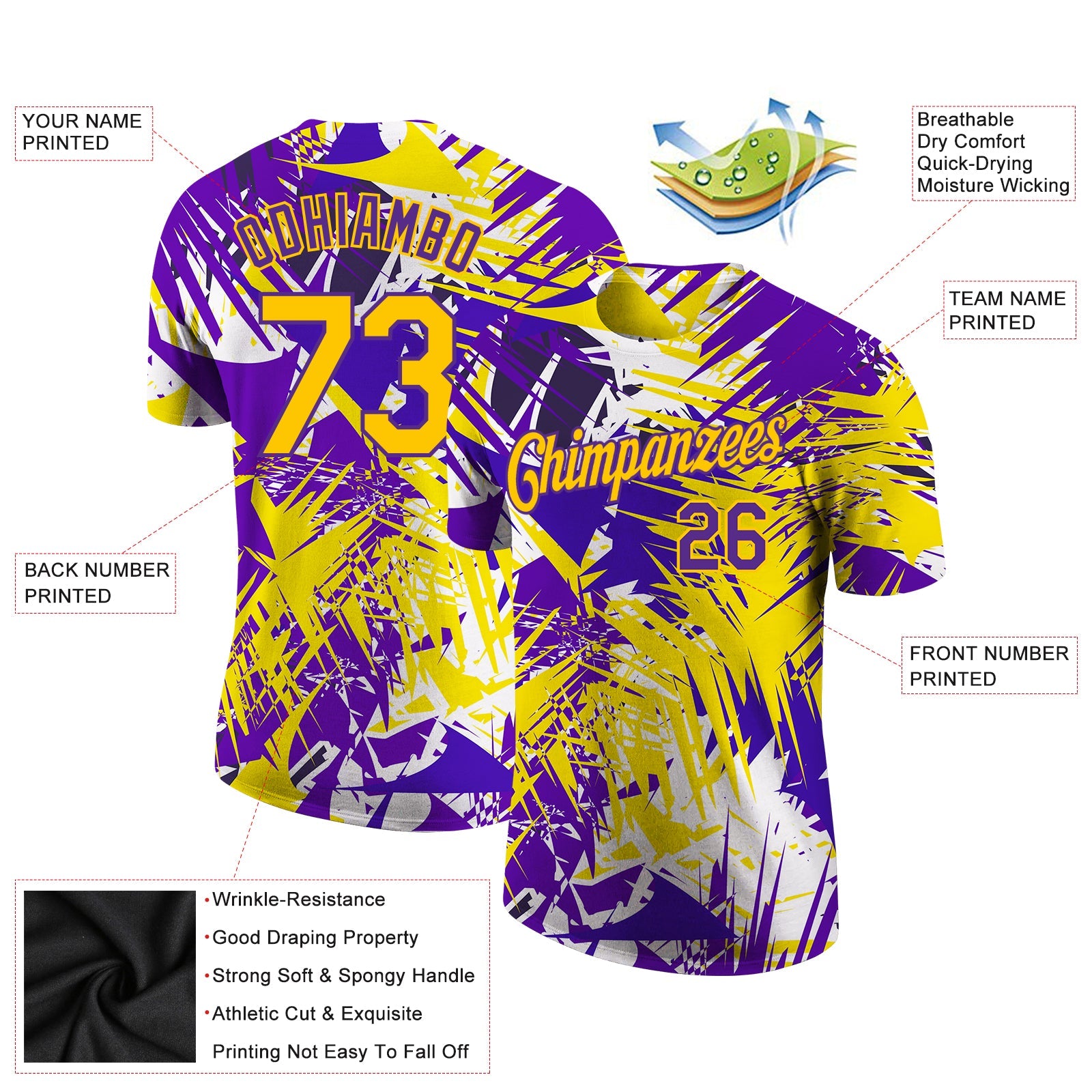 Custom Graffiti Pattern Gold-Purple 3D Performance T-Shirt view 2
