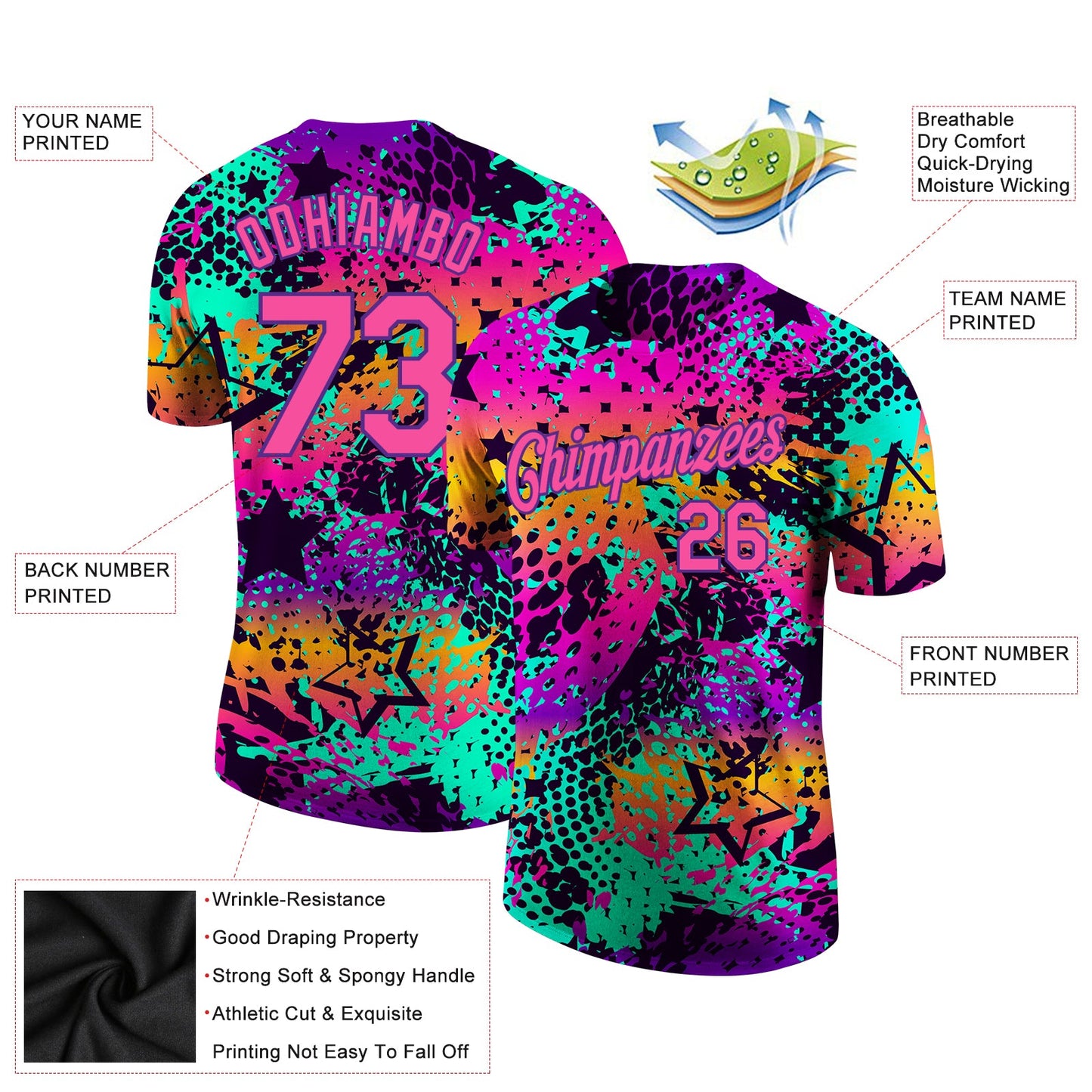 Custom Graffiti Pattern Pink-Purple 3D Performance T-Shirt view 2