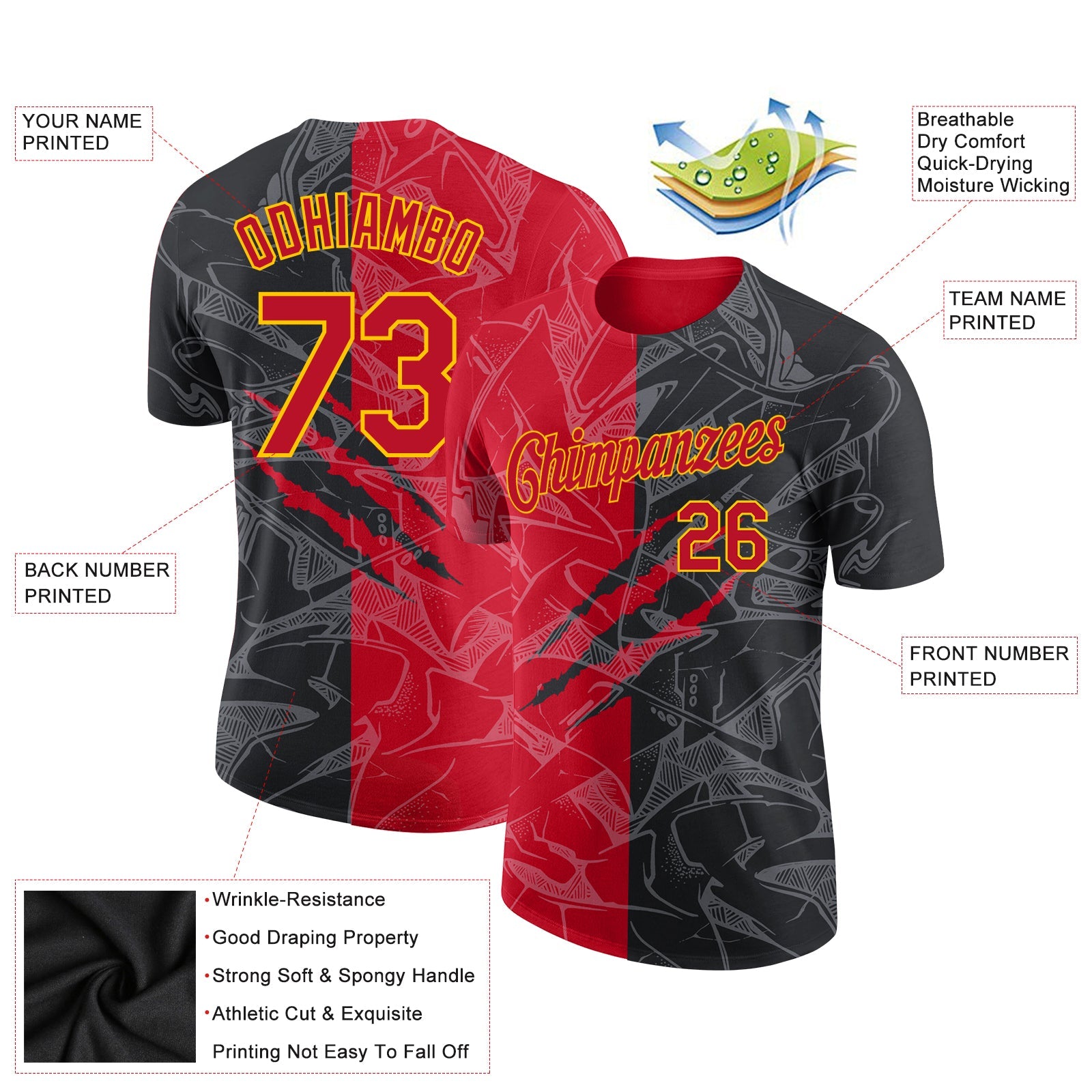 Custom Graffiti Pattern Red-Gold 3D Performance T-Shirt view 2