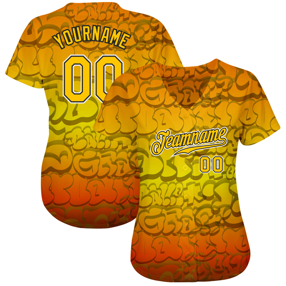 Custom Graffiti Pattern Gold-Black 3D Authentic Baseball Jersey view 2