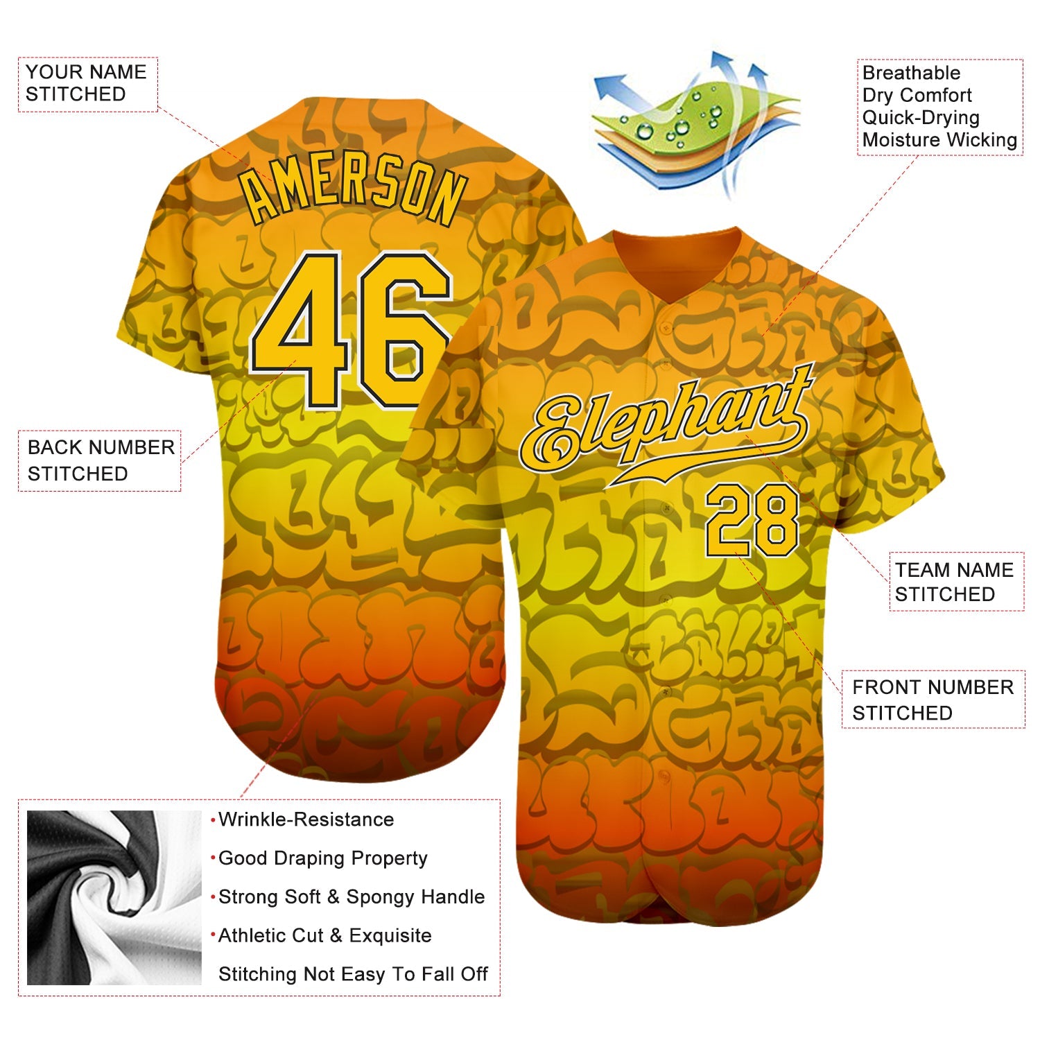 Custom Graffiti Pattern Gold-Black 3D Authentic Baseball Jersey view 3