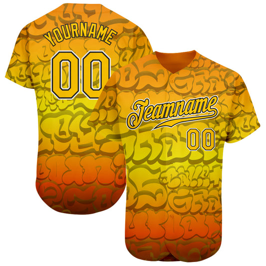 Custom Graffiti Pattern Gold-Black 3D Authentic Baseball Jersey - Main View