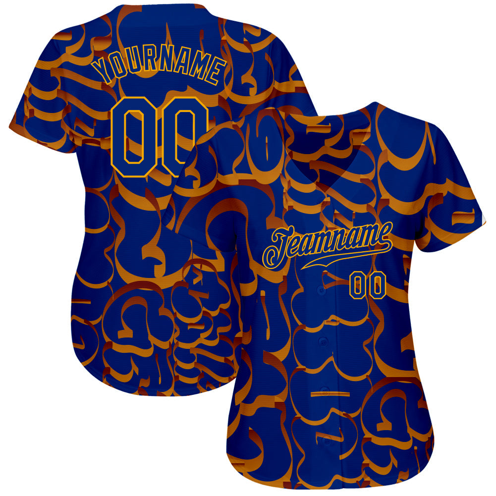 Custom Graffiti Pattern Royal-Gold 3D Authentic Baseball Jersey view 2