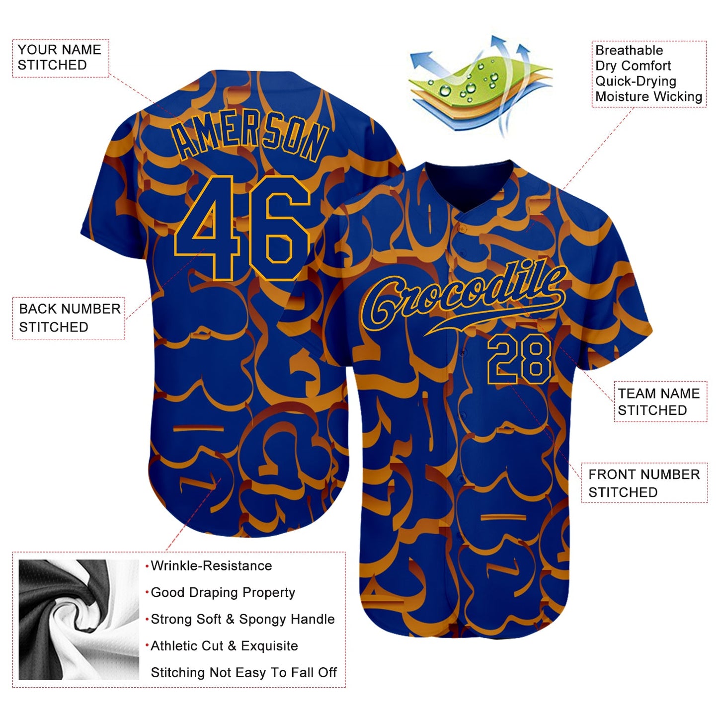 Custom Graffiti Pattern Royal-Gold 3D Authentic Baseball Jersey view 3