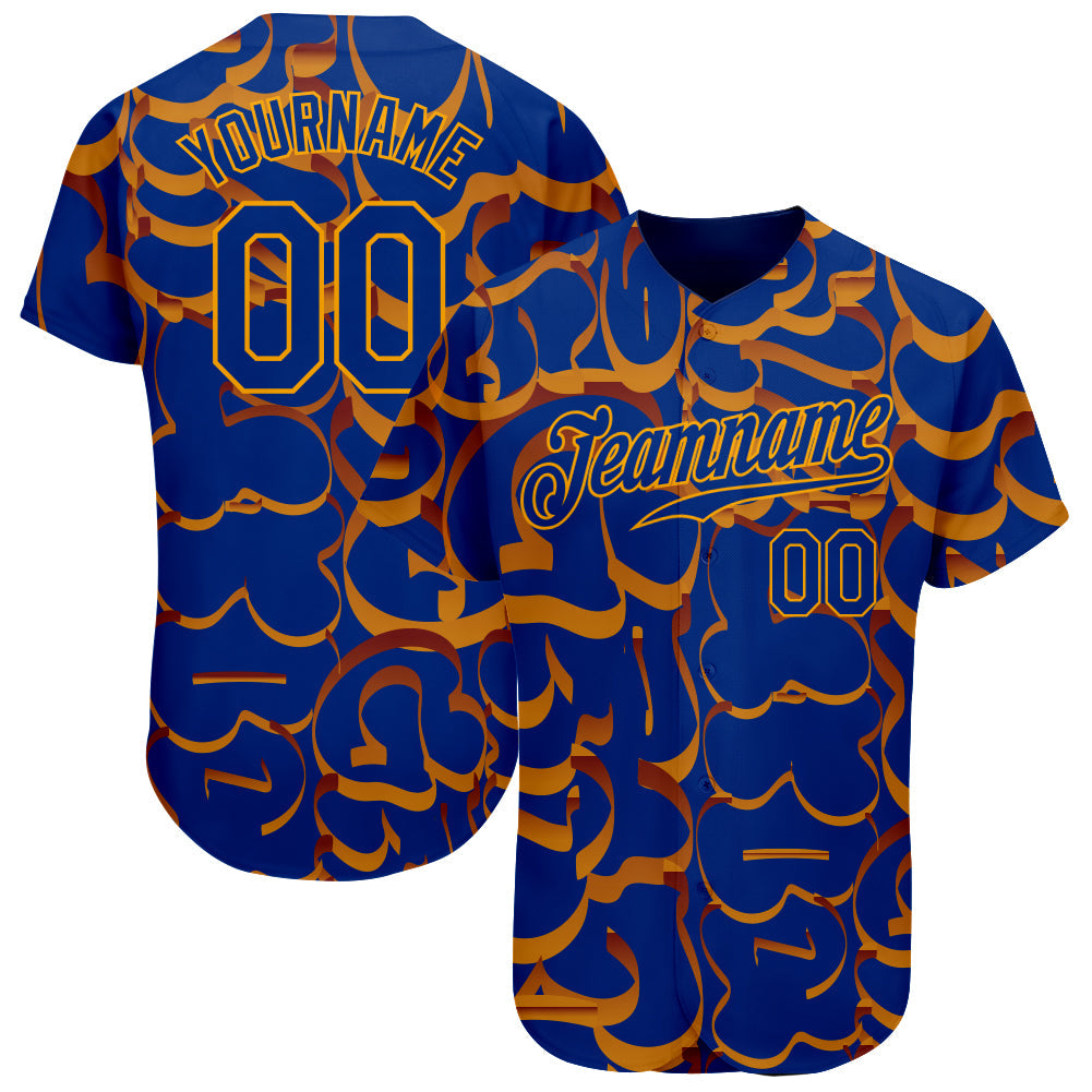 Custom Graffiti Pattern Royal-Gold 3D Authentic Baseball Jersey - Main View