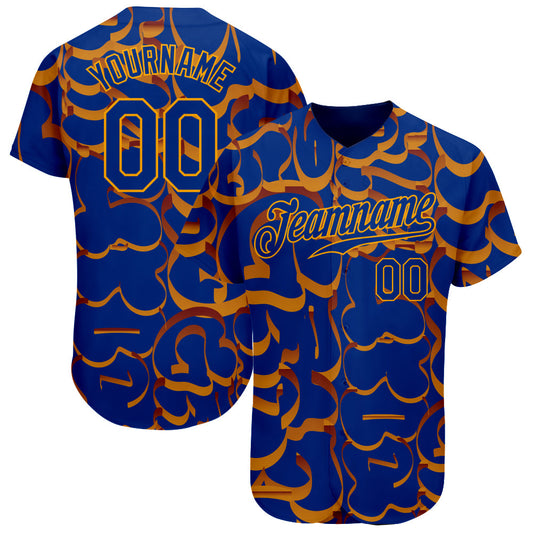 Custom Graffiti Pattern Royal-Gold 3D Authentic Baseball Jersey - Main View