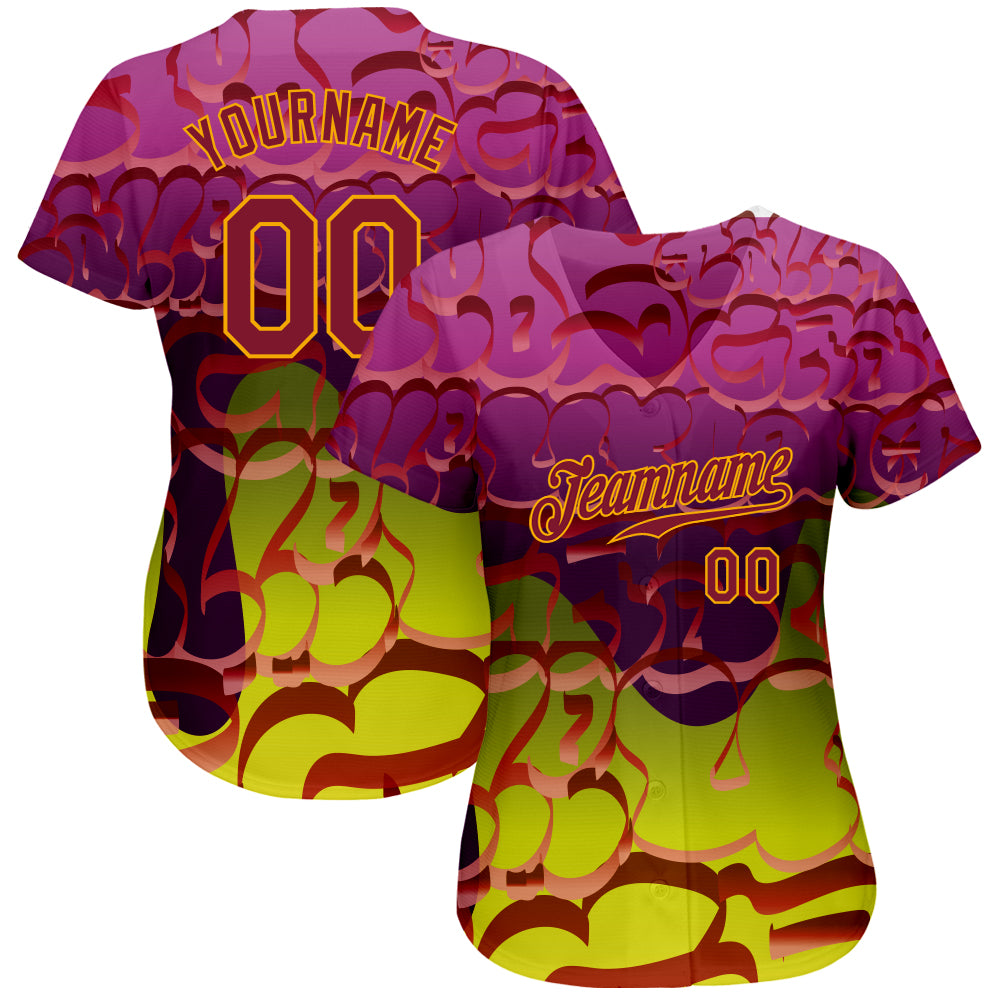 Custom Graffiti Pattern Crimson-Gold 3D Authentic Baseball Jersey view 2