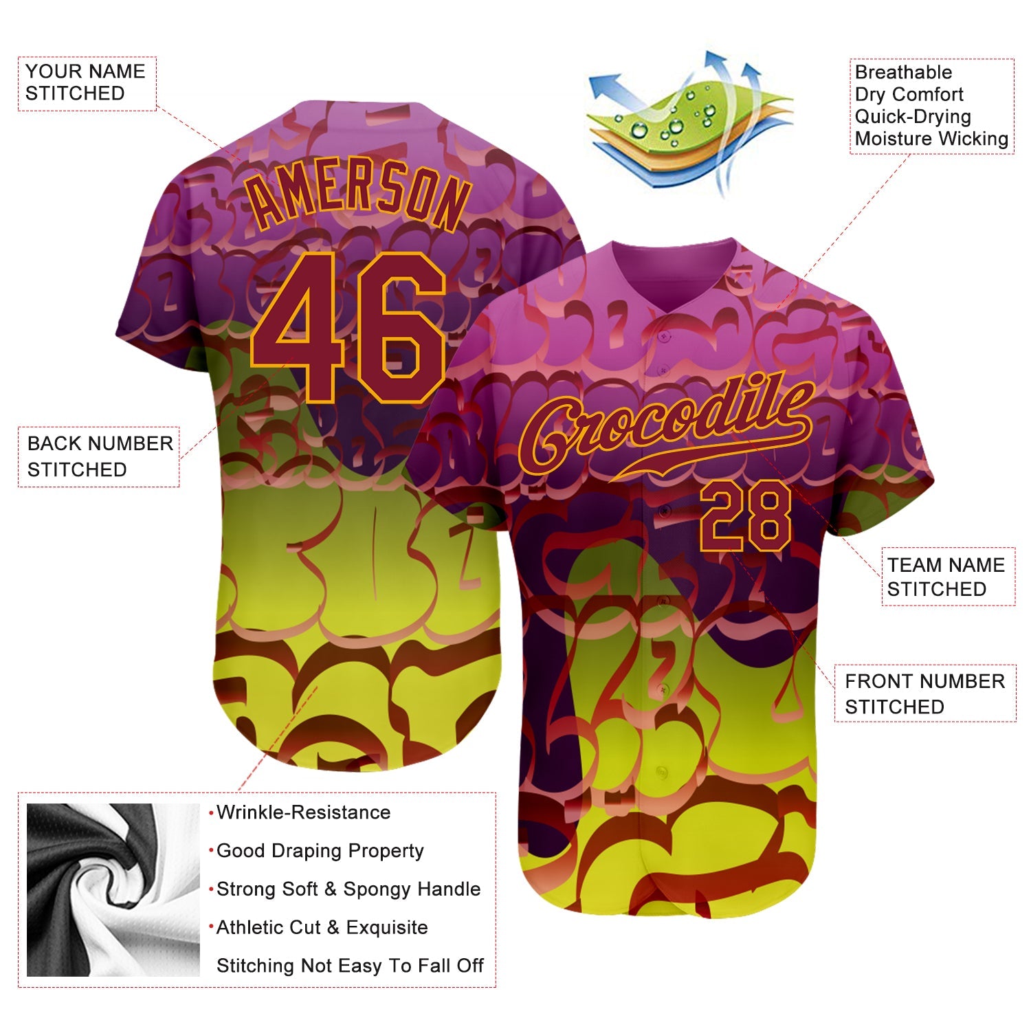 Custom Graffiti Pattern Crimson-Gold 3D Authentic Baseball Jersey view 3