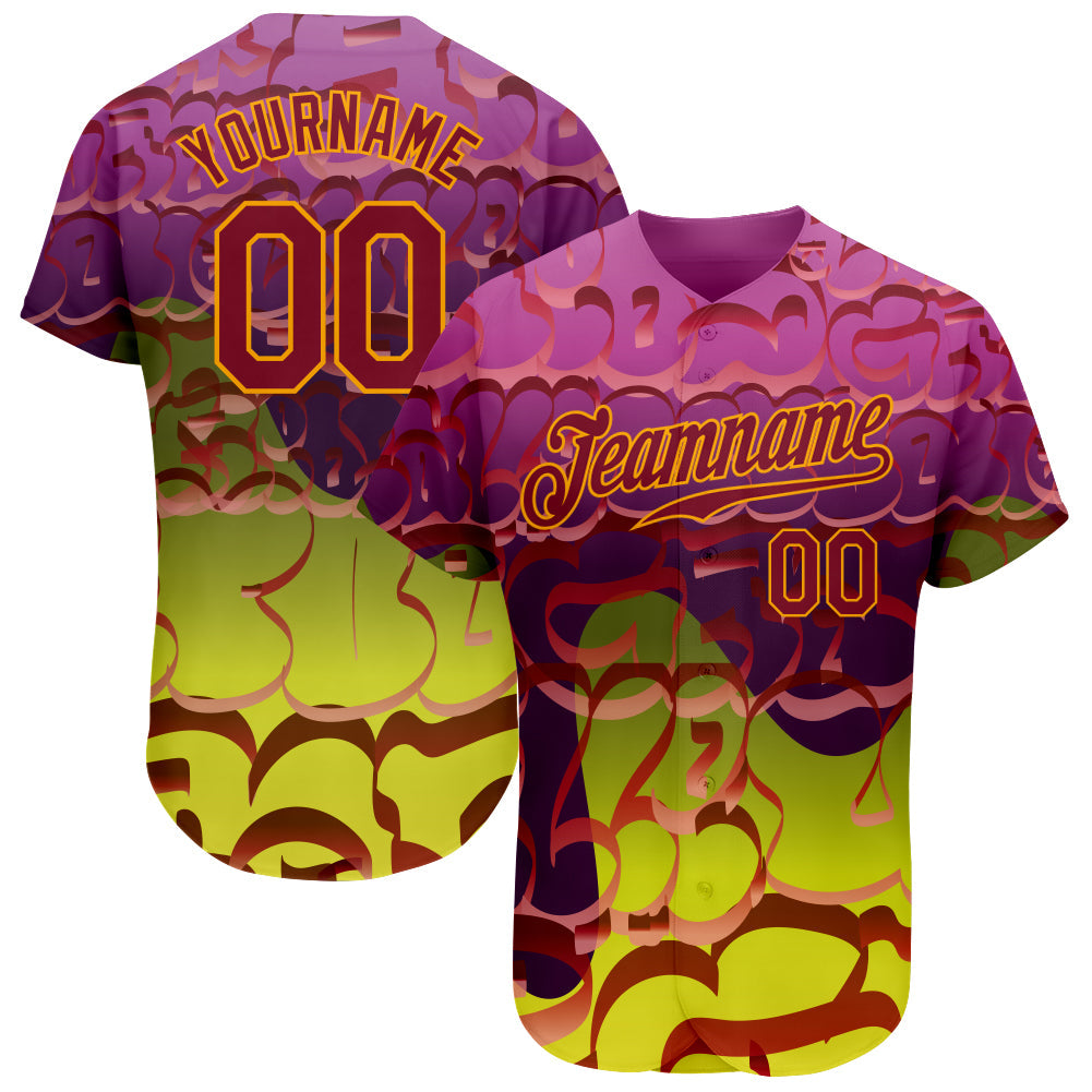 Custom Graffiti Pattern Crimson-Gold 3D Authentic Baseball Jersey - Main View