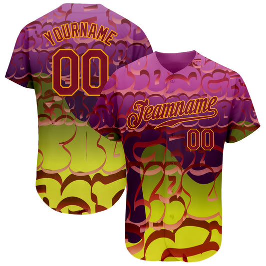 Custom Graffiti Pattern Crimson-Gold 3D Authentic Baseball Jersey - Main View
