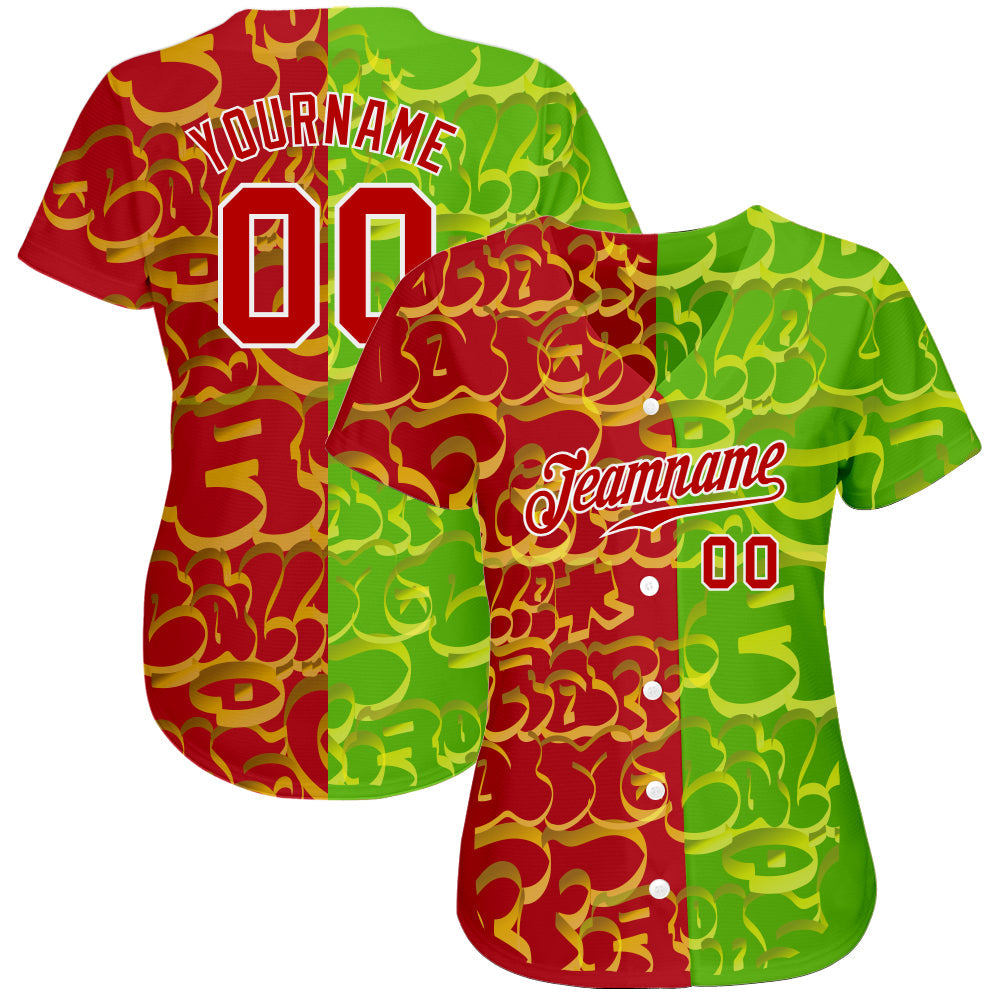 Custom Graffiti Pattern Red-Green 3D Authentic Baseball Jersey view 2