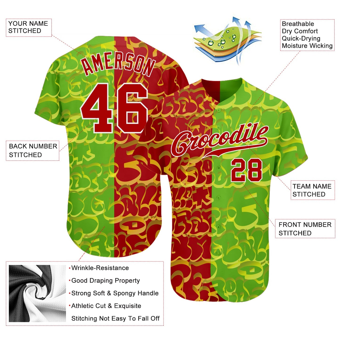 Custom Graffiti Pattern Red-Green 3D Authentic Baseball Jersey view 3