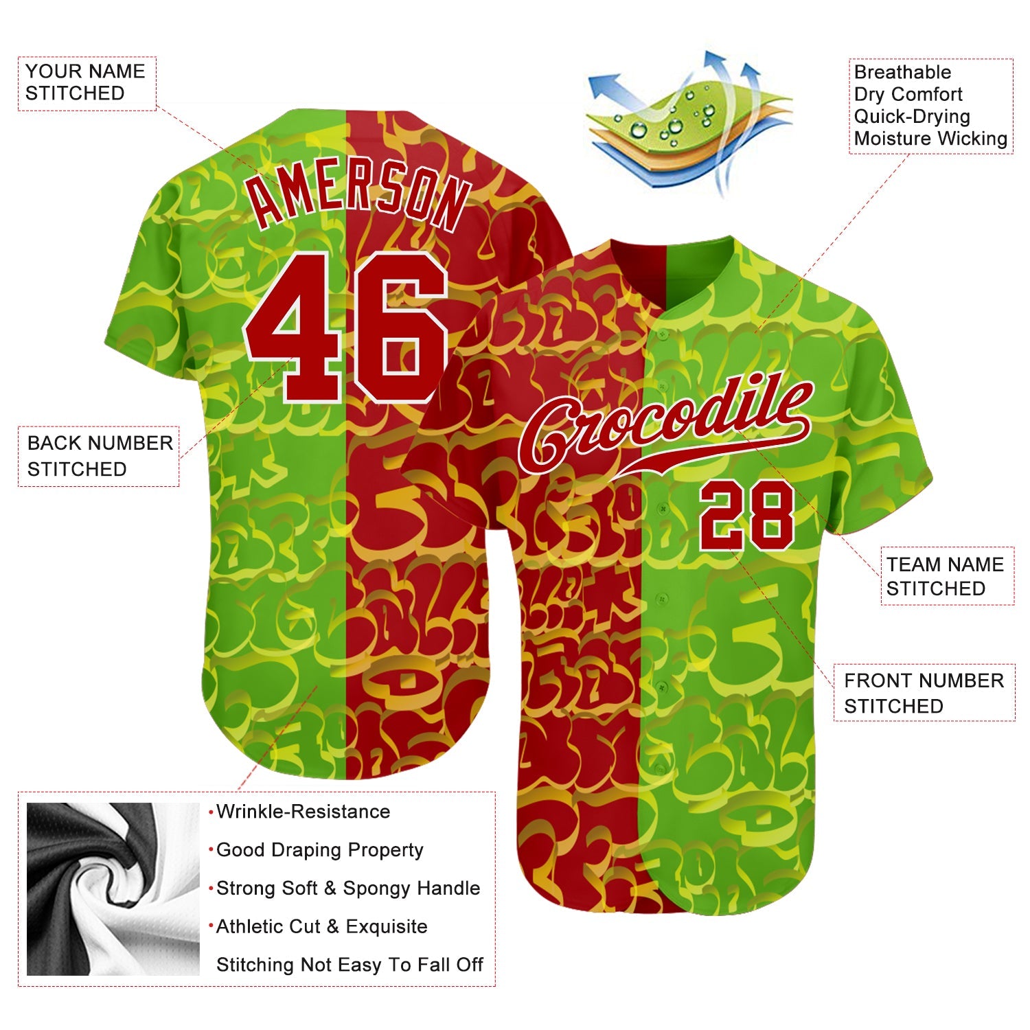 Custom Graffiti Pattern Red-Green 3D Authentic Baseball Jersey view 3