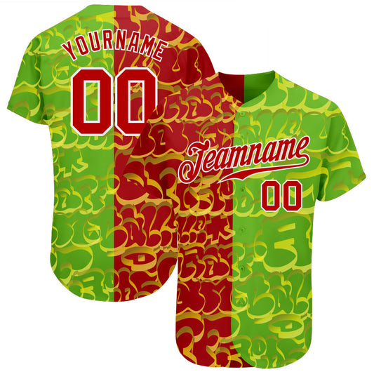 Custom Graffiti Pattern Red-Green 3D Authentic Baseball Jersey - Main View