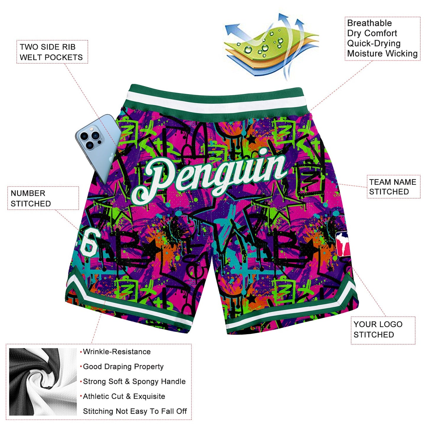 Custom Graffiti Pattern White-Kelly Green 3D Authentic Basketball Shorts view 2