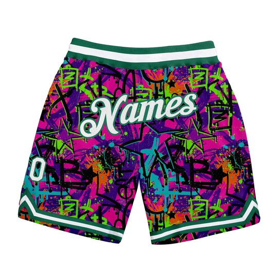 Custom Graffiti Pattern White-Kelly Green 3D Authentic Basketball Shorts - Main View