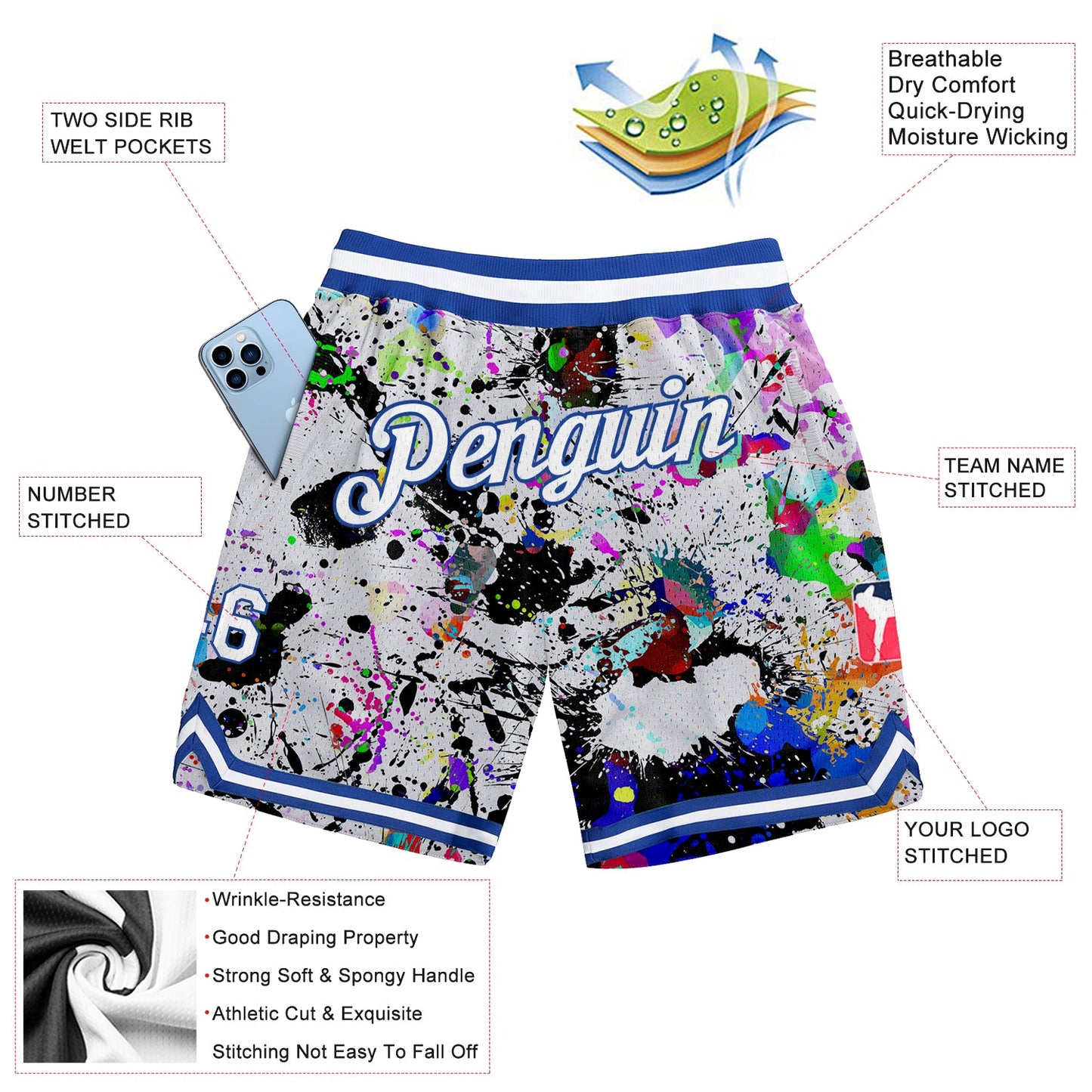 Custom Graffiti Pattern White-Royal 3D Authentic Basketball Shorts view 2