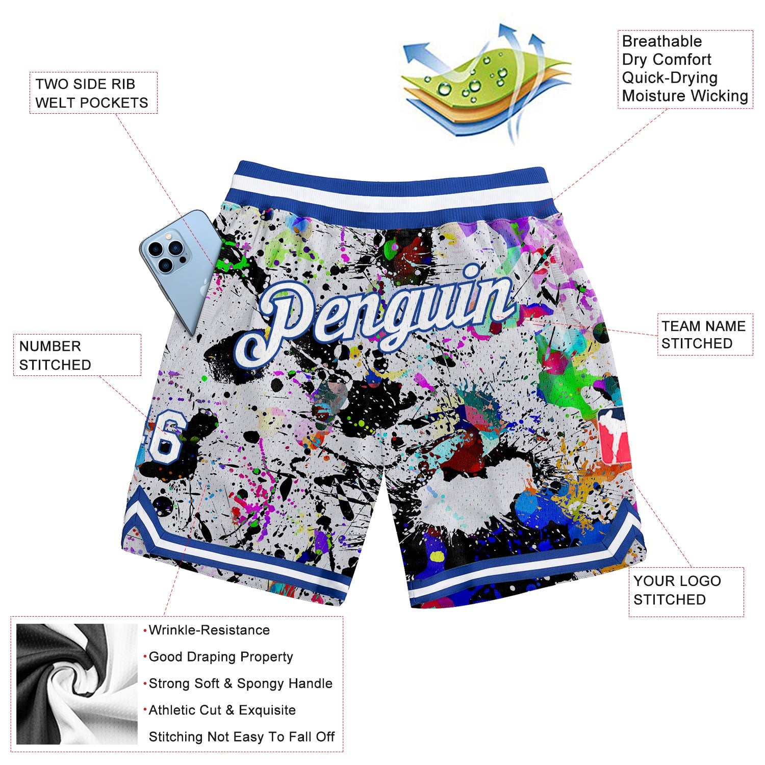 Custom Graffiti Pattern White-Royal 3D Authentic Basketball Shorts view 2