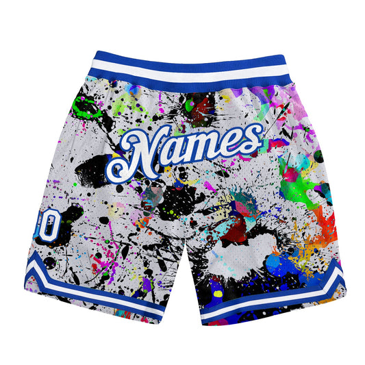 Custom Graffiti Pattern White-Royal 3D Authentic Basketball Shorts - Main View