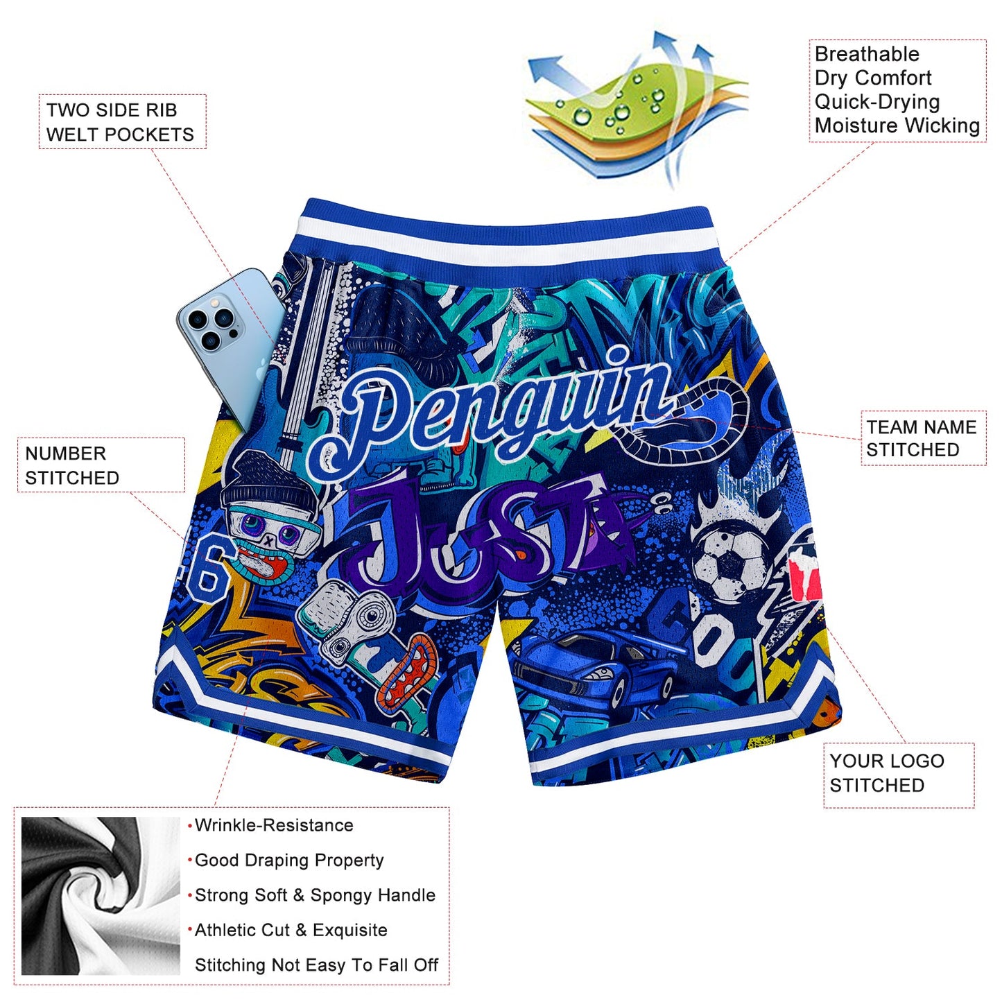 Custom Graffiti Pattern Royal-White 3D Authentic Basketball Shorts view 3