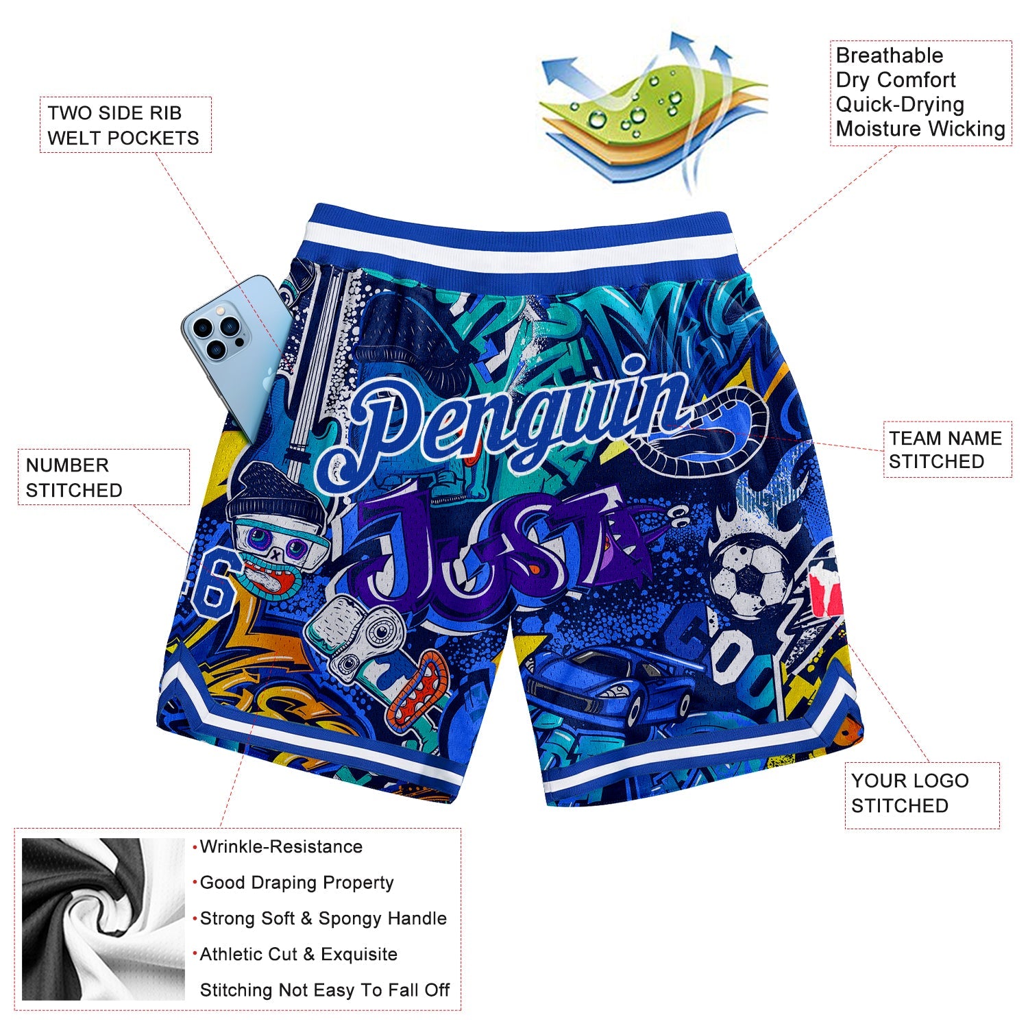 Custom Graffiti Pattern Royal-White 3D Authentic Basketball Shorts view 3