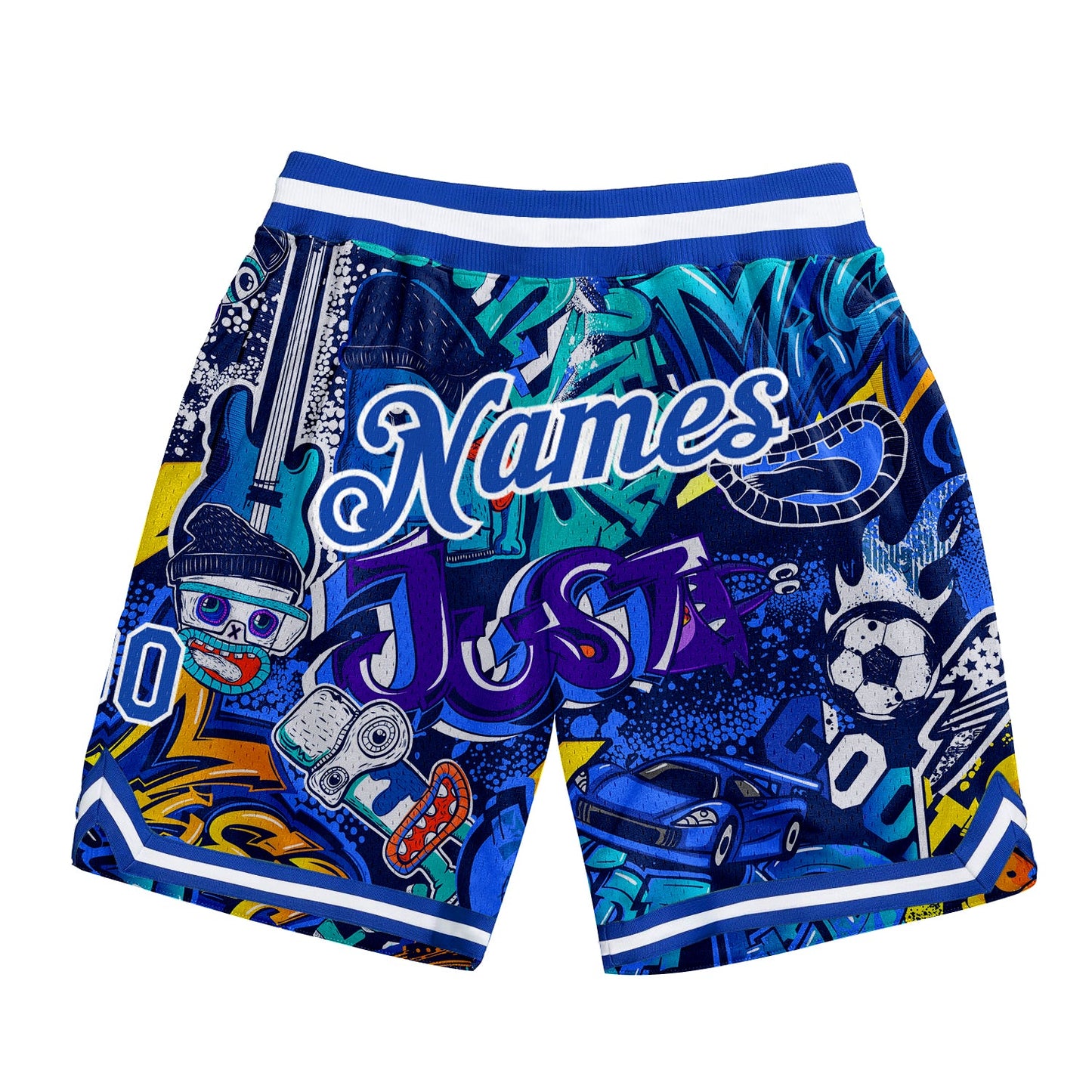 Custom Graffiti Pattern Royal-White 3D Authentic Basketball Shorts - Main View