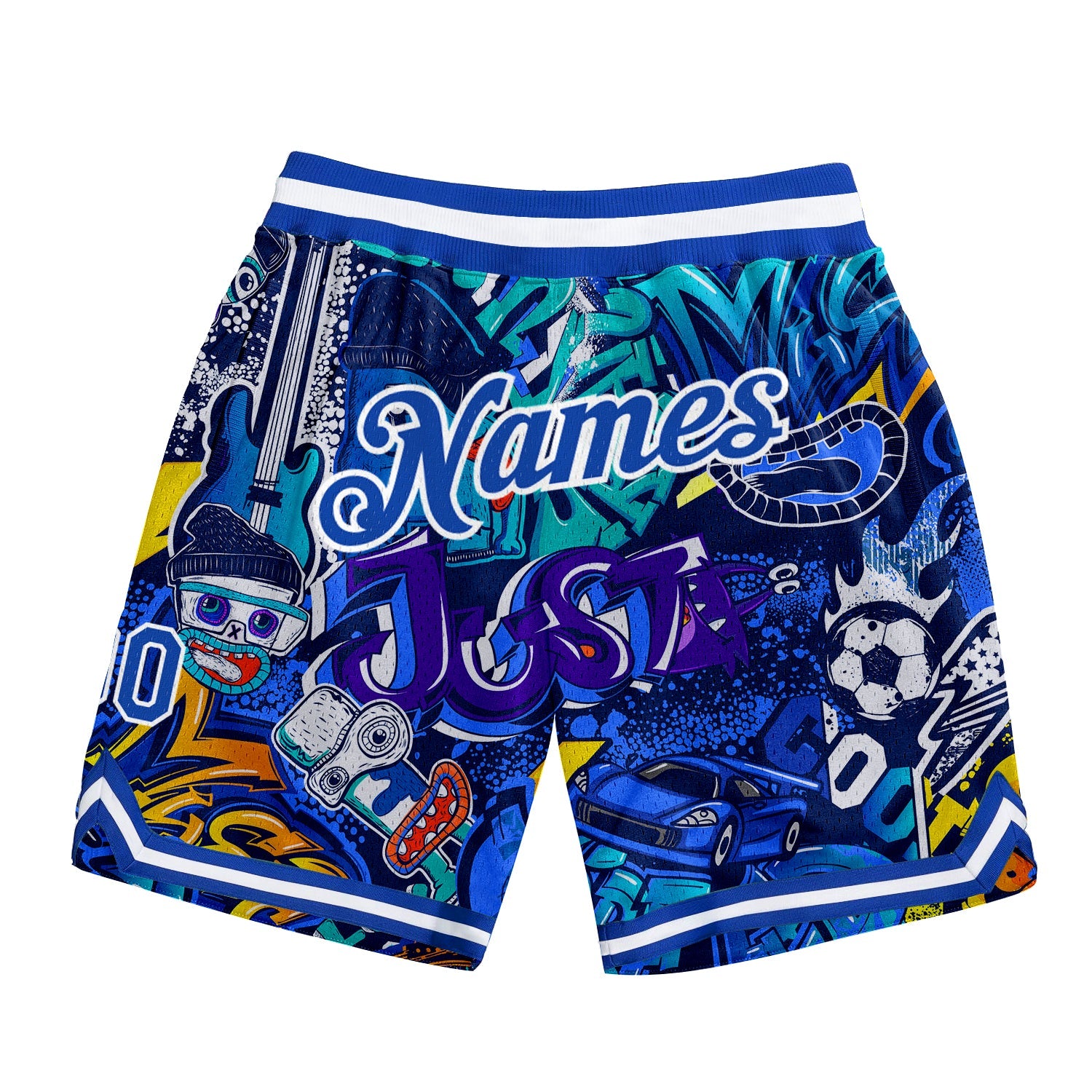 Custom Graffiti Pattern Royal-White 3D Authentic Basketball Shorts - Main View