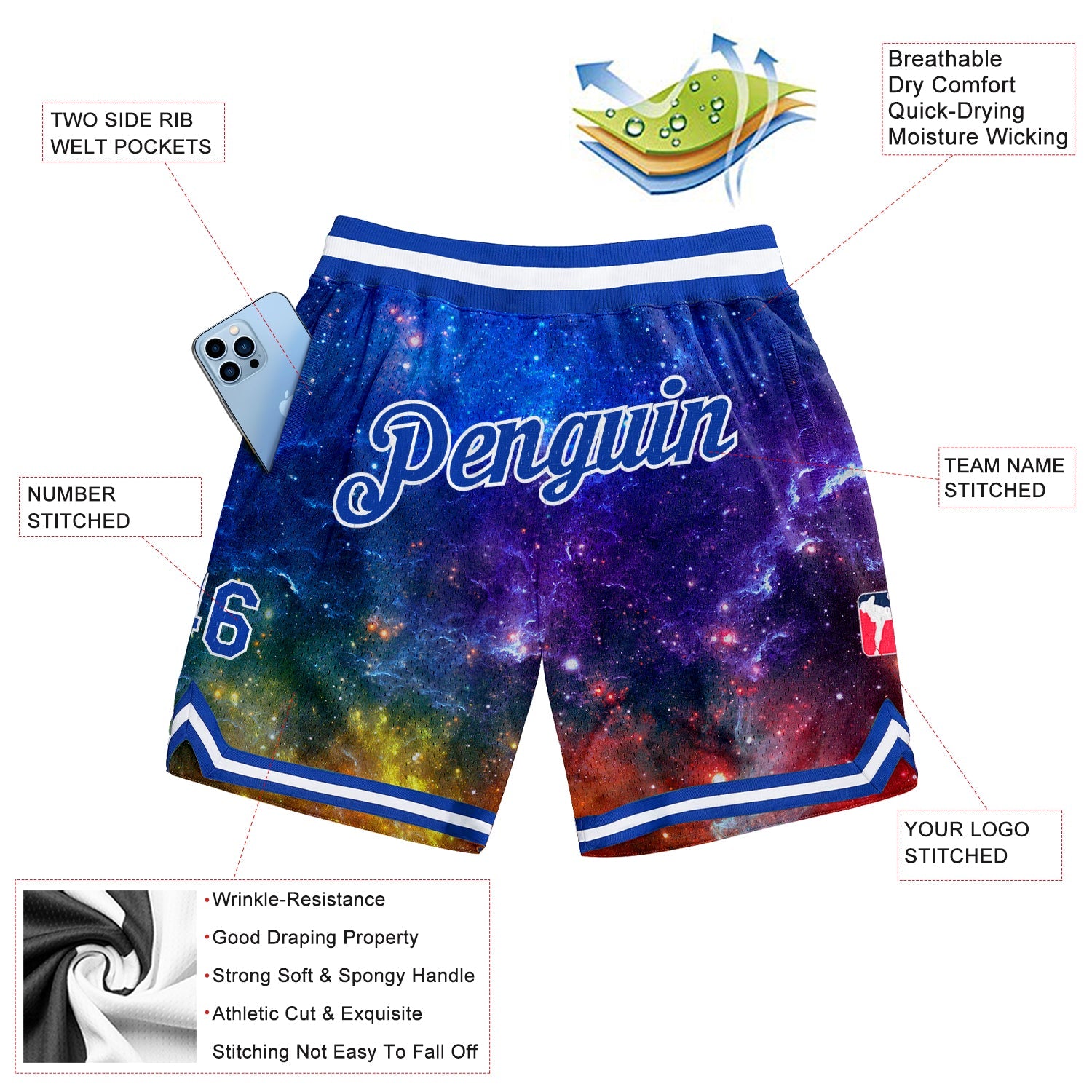 Custom Galactic Royal-White 3D Authentic Basketball Shorts view 2