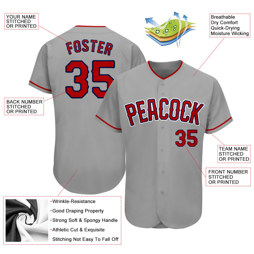 Custom Gray Red-Navy Authentic Baseball Jersey view 3