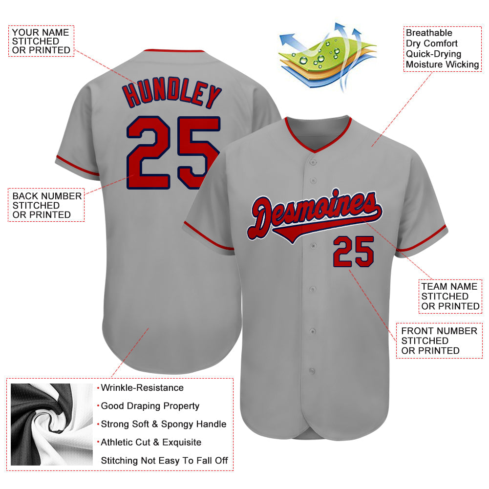 Custom Gray Red-Navy Authentic Baseball Jersey view 3