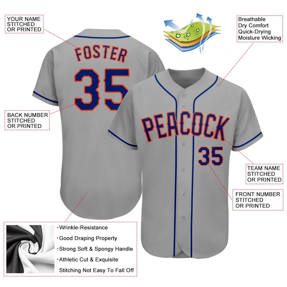 Custom Gray Royal-Orange Authentic Baseball Jersey view 3