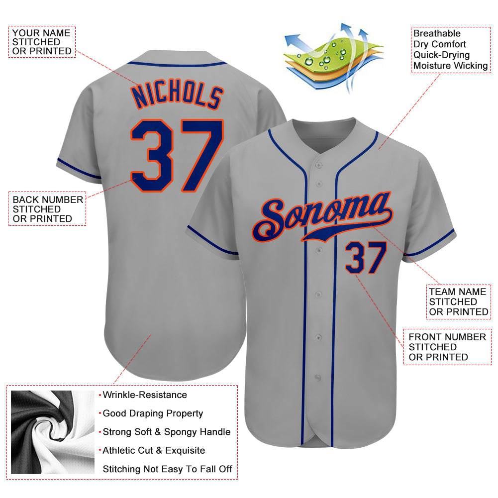 Custom Gray Royal-Orange Authentic Baseball Jersey view 3